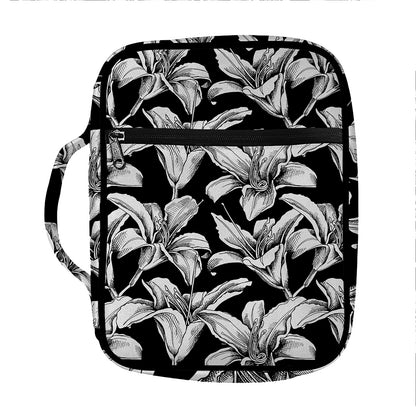 Black And White Lily Pattern Print Front Pocket Bible Bag