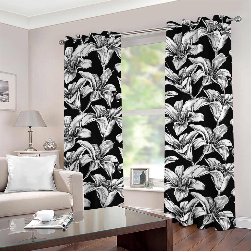 Black And White Lily Pattern Print Grommet Curtains