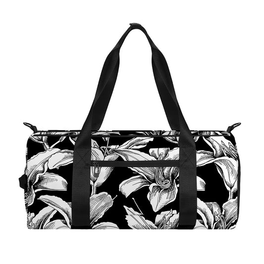 Black And White Lily Pattern Print Gym Bag