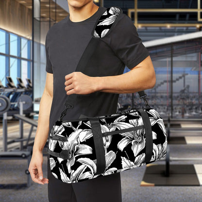 Black And White Lily Pattern Print Gym Bag