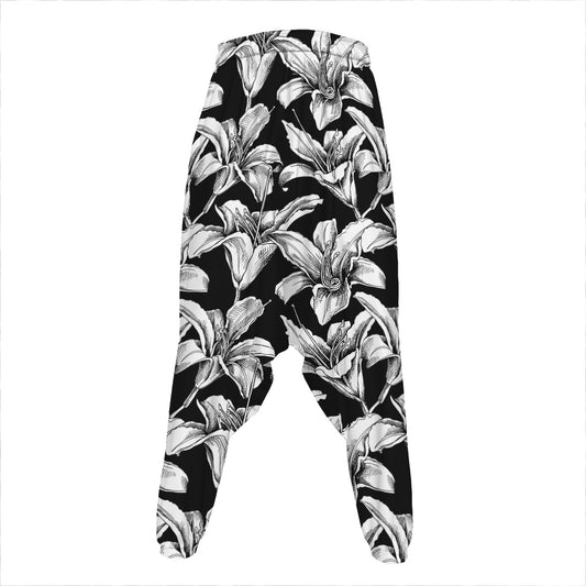 Black And White Lily Pattern Print Hammer Pants