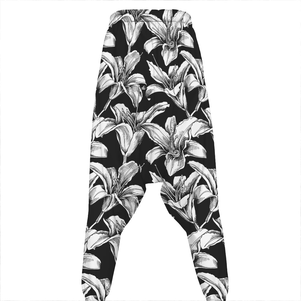 Black And White Lily Pattern Print Hammer Pants