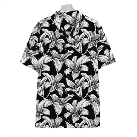 Black And White Lily Pattern Print Hawaiian Shirt