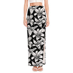 Black And White Lily Pattern Print High Slit Maxi Skirt