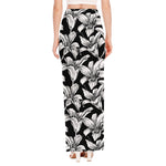 Black And White Lily Pattern Print High Slit Maxi Skirt