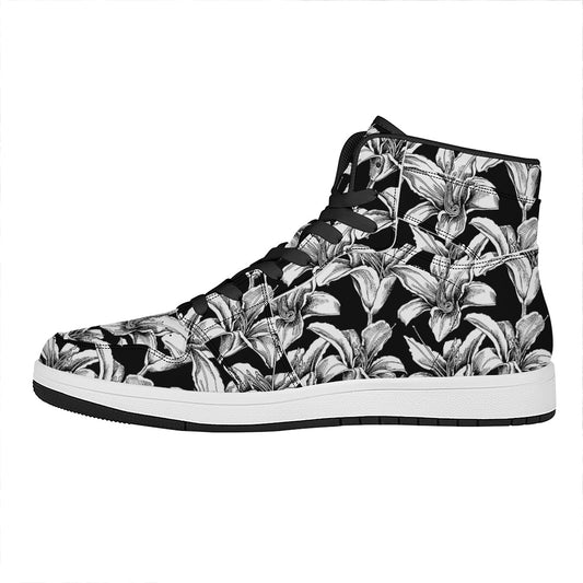 Black And White Lily Pattern Print High Top Leather Sneakers