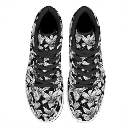 Black And White Lily Pattern Print High Top Leather Sneakers