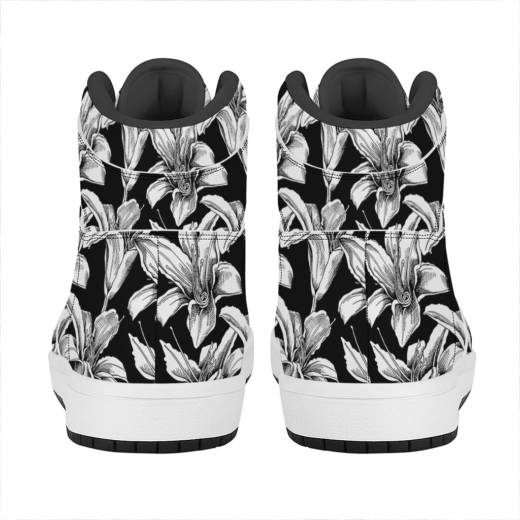 Black And White Lily Pattern Print High Top Leather Sneakers