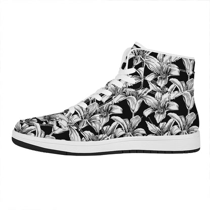 Black And White Lily Pattern Print High Top Leather Sneakers