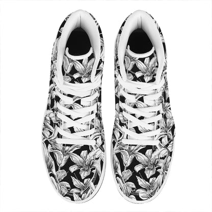 Black And White Lily Pattern Print High Top Leather Sneakers