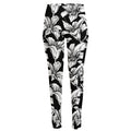 Black And White Lily Pattern Print High-Waisted Pocket Leggings