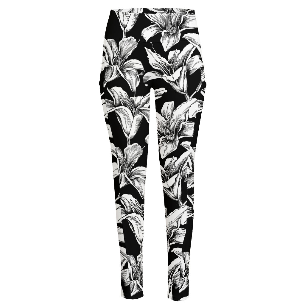 Black And White Lily Pattern Print High-Waisted Pocket Leggings