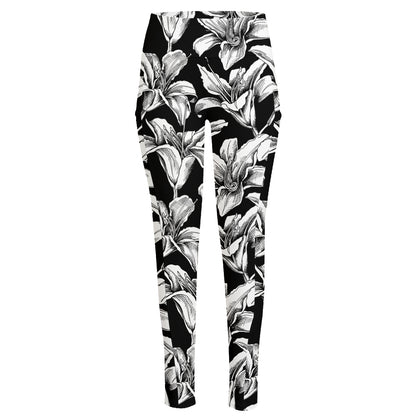 Black And White Lily Pattern Print High-Waisted Pocket Leggings