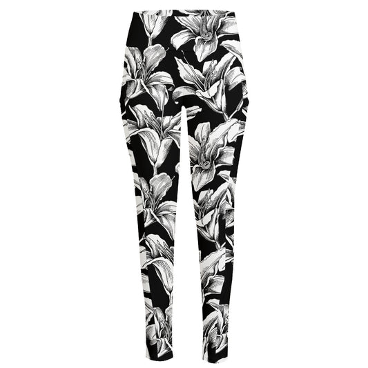 Black And White Lily Pattern Print High-Waisted Pocket Leggings