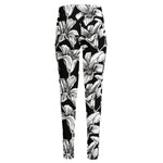 Black And White Lily Pattern Print High-Waisted Pocket Leggings
