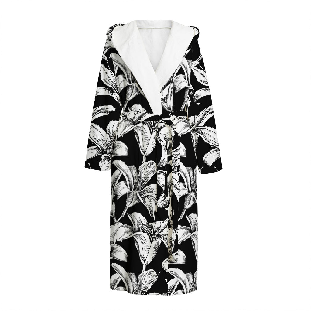 Black And White Lily Pattern Print Hooded Bathrobe