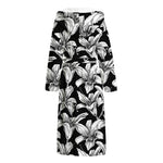 Black And White Lily Pattern Print Hooded Bathrobe