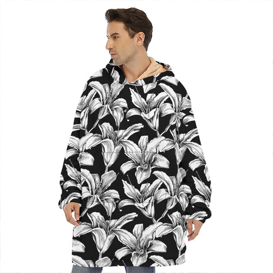 Black And White Lily Pattern Print Hoodie Blanket
