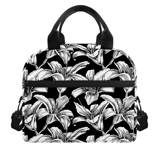 Black And White Lily Pattern Print Insulated Lunch Bag