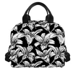 Black And White Lily Pattern Print Insulated Lunch Bag