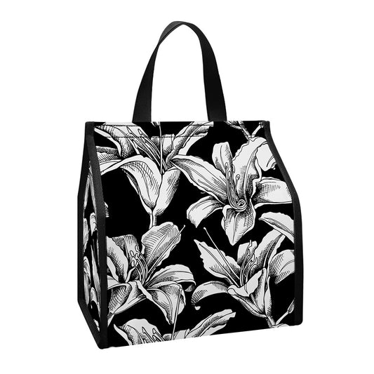 Black And White Lily Pattern Print Insulated Lunch Tote