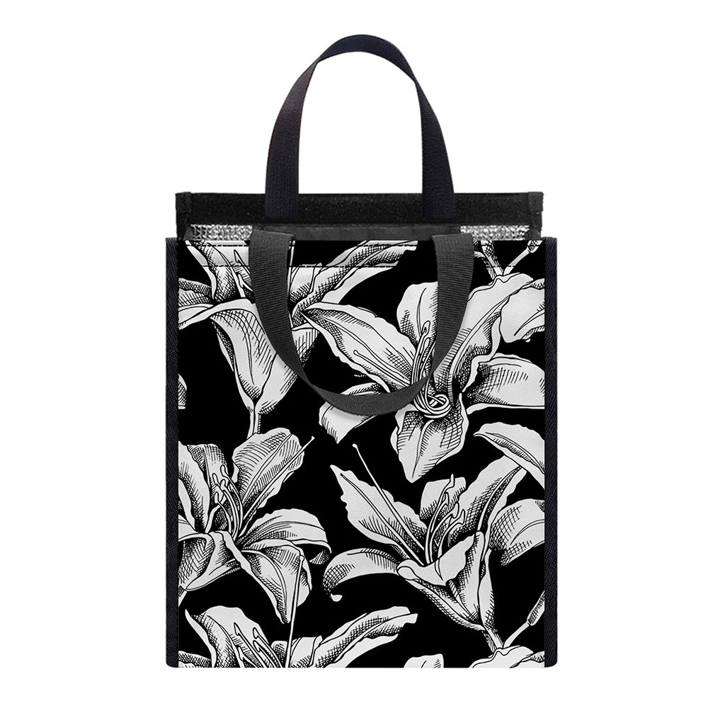 Black And White Lily Pattern Print Insulated Lunch Tote