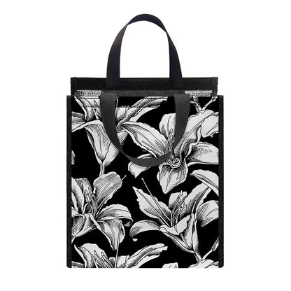 Black And White Lily Pattern Print Insulated Lunch Tote