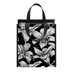 Black And White Lily Pattern Print Insulated Lunch Tote