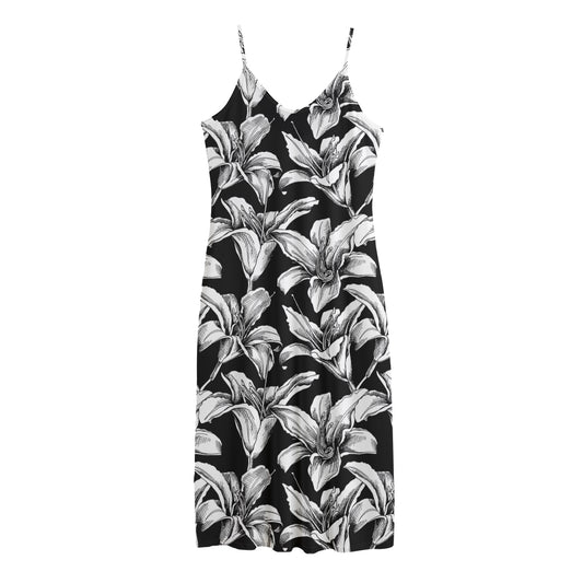 Black And White Lily Pattern Print Jersey Midi Cami Dress