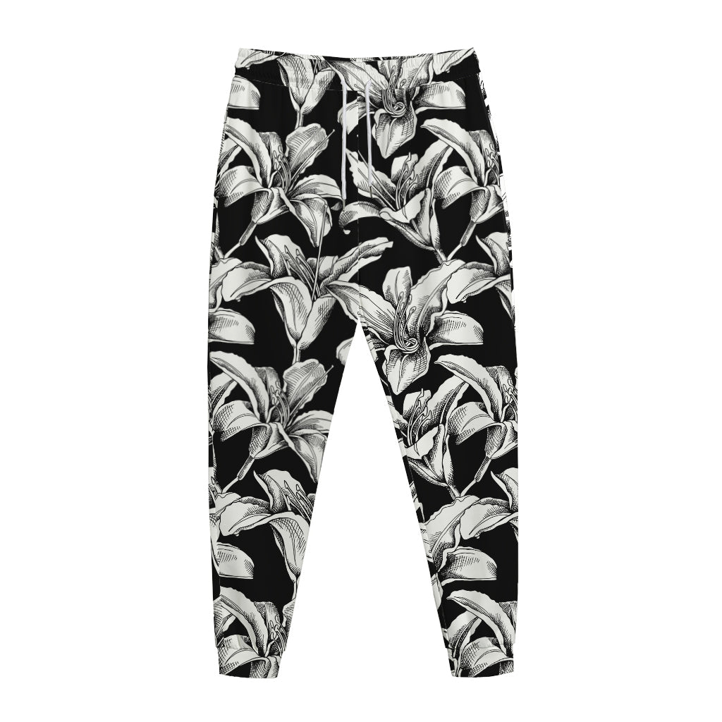 Black And White Lily Pattern Print Jogger Pants