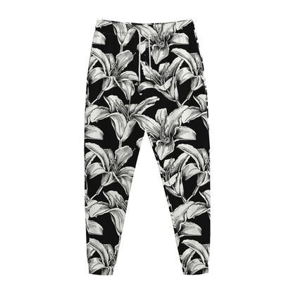Black And White Lily Pattern Print Jogger Pants