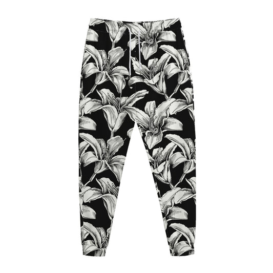 Black And White Lily Pattern Print Jogger Pants