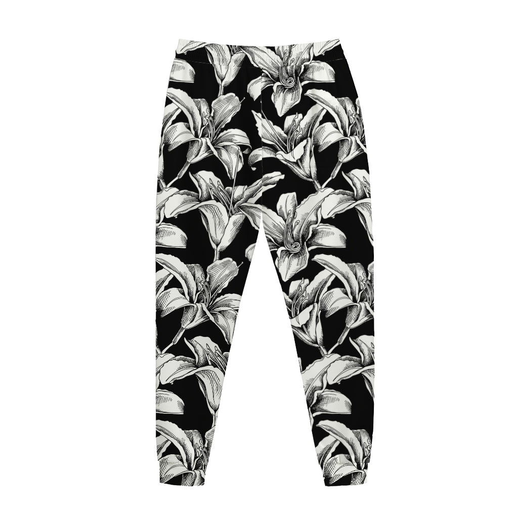 Black And White Lily Pattern Print Jogger Pants