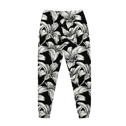 Black And White Lily Pattern Print Jogger Pants