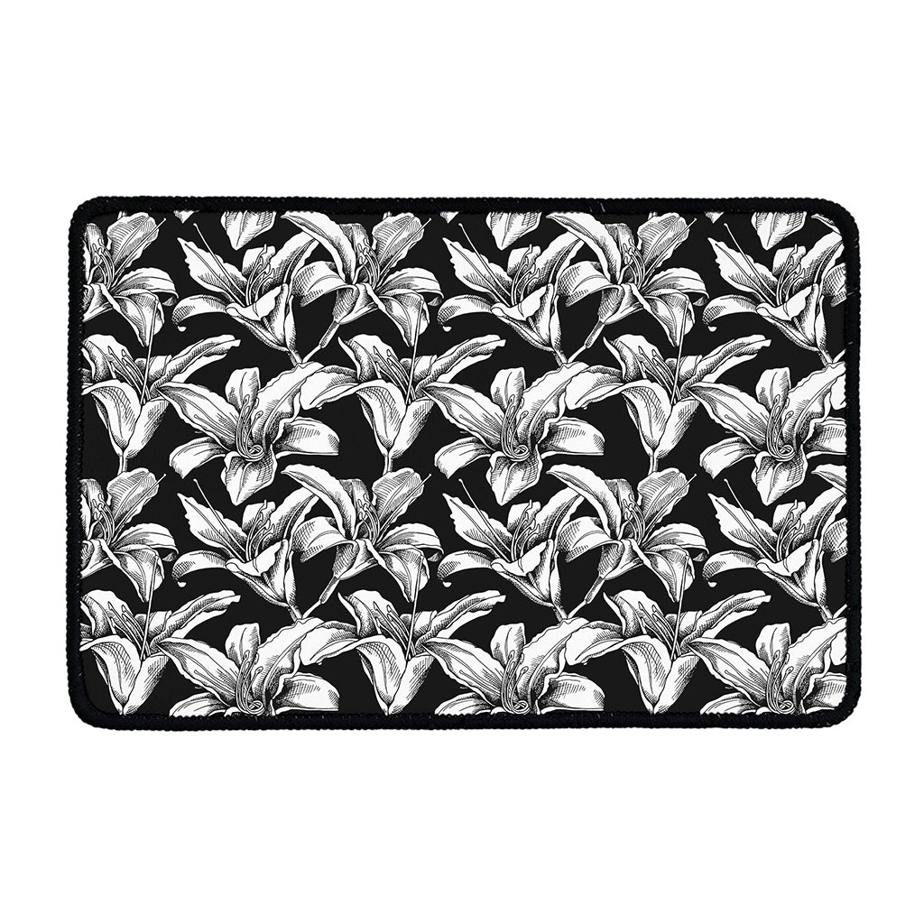Black And White Lily Pattern Print Kitchen Mat