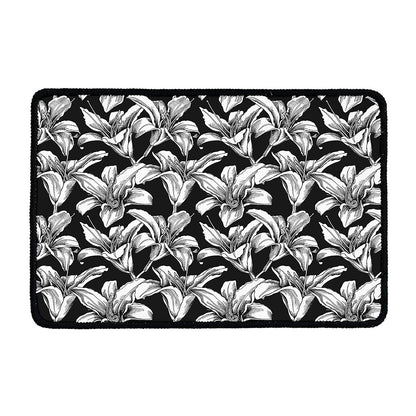 Black And White Lily Pattern Print Kitchen Mat