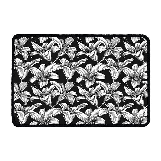 Black And White Lily Pattern Print Kitchen Mat