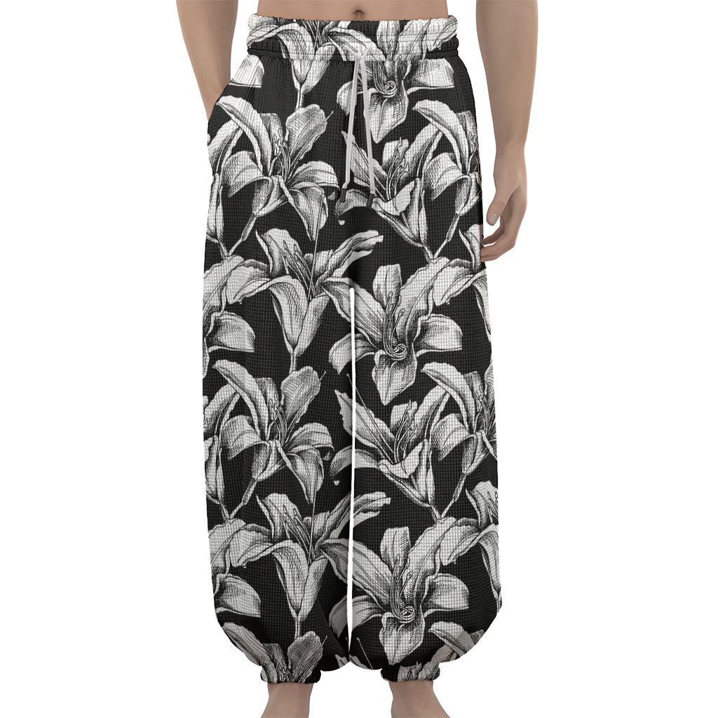 Black And White Lily Pattern Print Lantern Pants