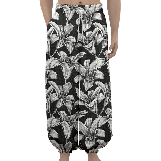 Black And White Lily Pattern Print Lantern Pants