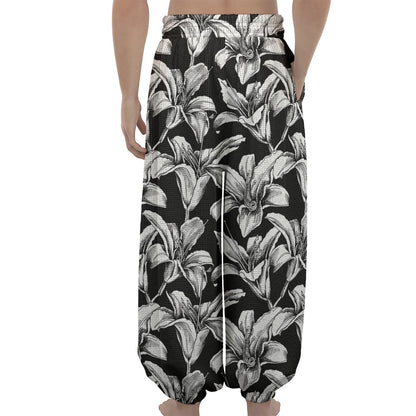 Black And White Lily Pattern Print Lantern Pants
