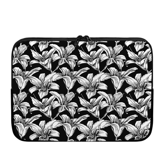 Black And White Lily Pattern Print Laptop Sleeve