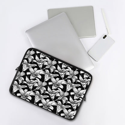 Black And White Lily Pattern Print Laptop Sleeve