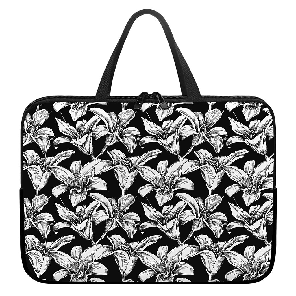 Black And White Lily Pattern Print Laptop Sleeve With Handle
