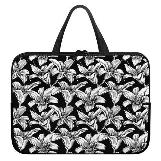 Black And White Lily Pattern Print Laptop Sleeve With Handle