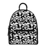 Black And White Lily Pattern Print Leather Backpack