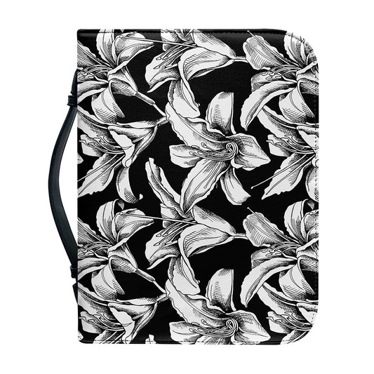 Black And White Lily Pattern Print Leather Bible Cover