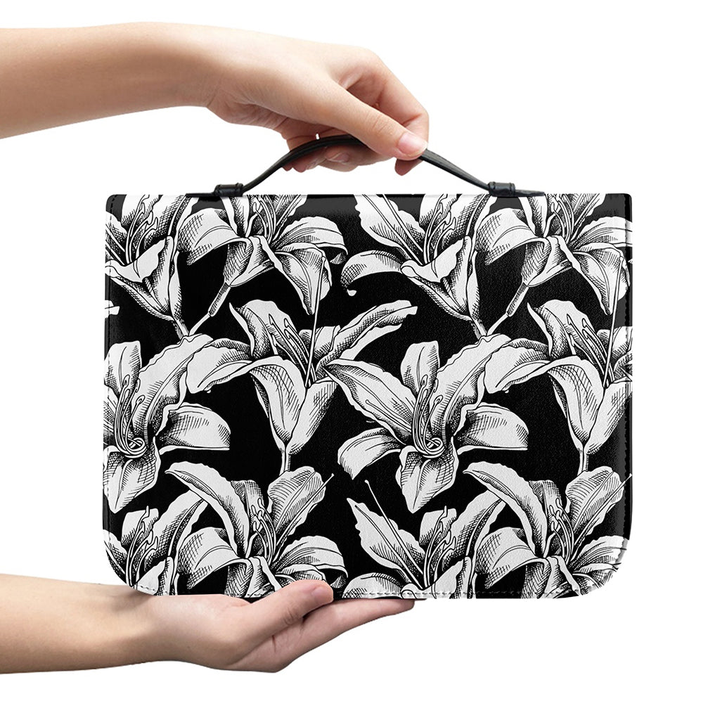 Black And White Lily Pattern Print Leather Bible Cover