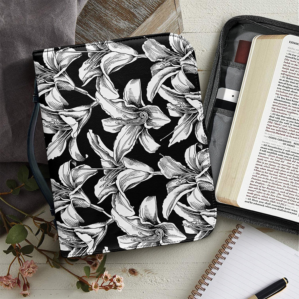 Black And White Lily Pattern Print Leather Bible Cover