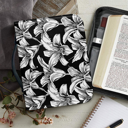 Black And White Lily Pattern Print Leather Bible Cover