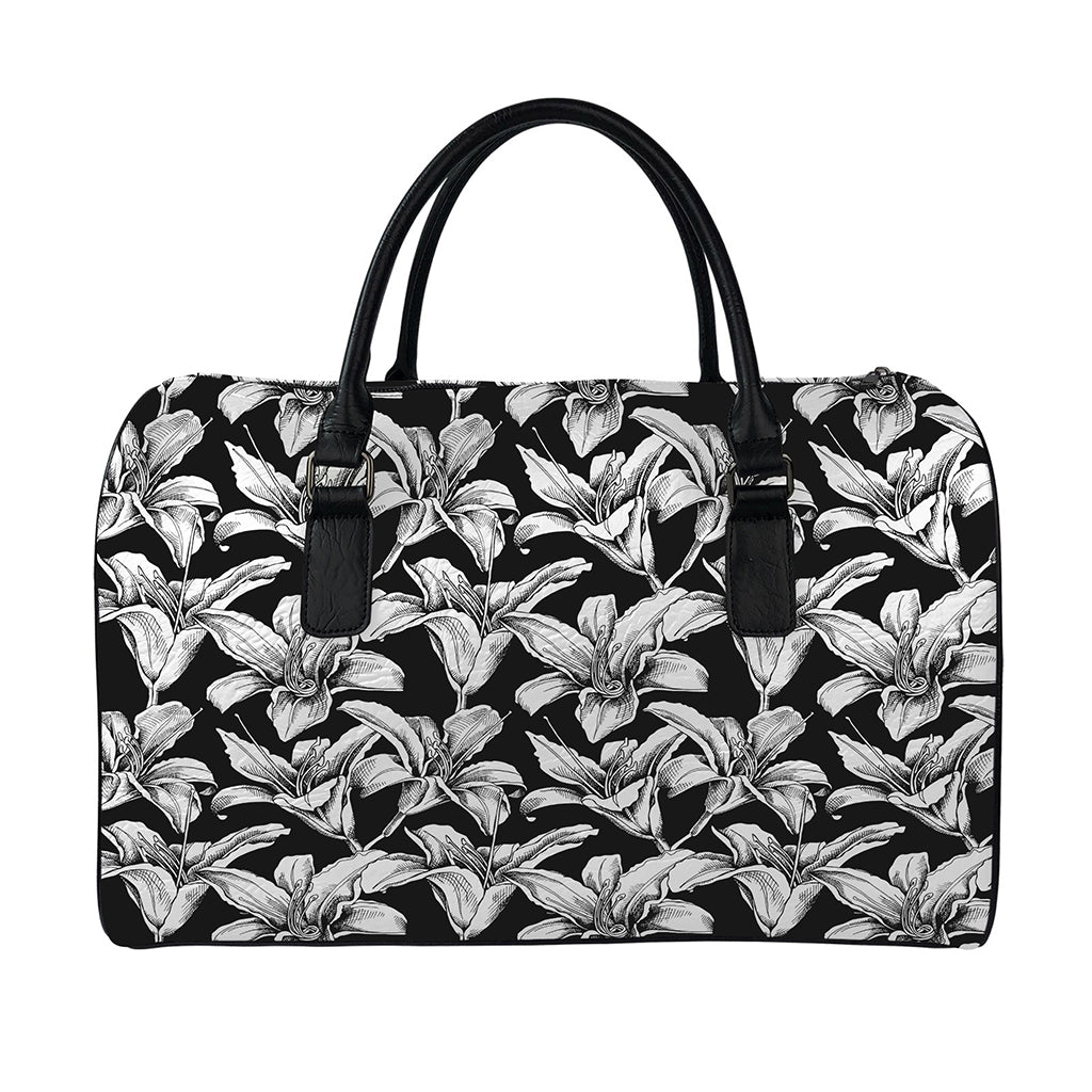 Black And White Lily Pattern Print Leather Duffle Bag